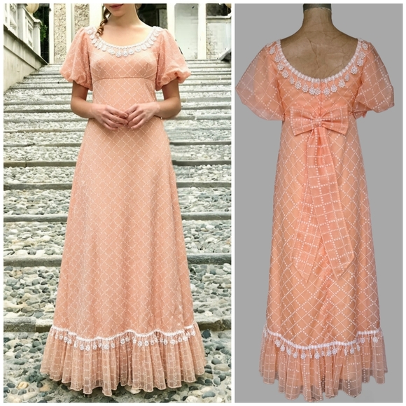 Vintage Bridgerton Puff Sleeve Orange Cream Bow Back Crochet Fringe Dress, XS/S - Picture 12 of 12